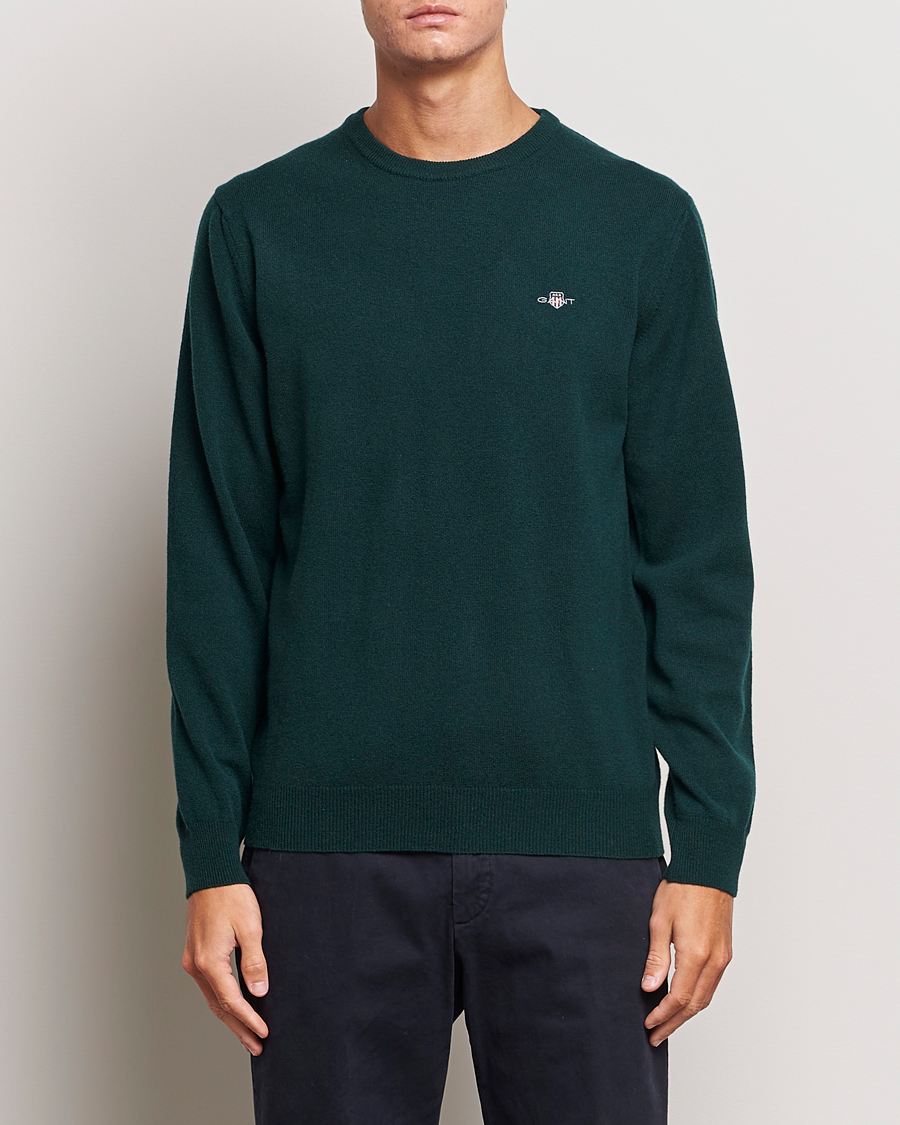 GANT Lambswool Crew Neck Pullover Tartan Green at CareOfCarl.com