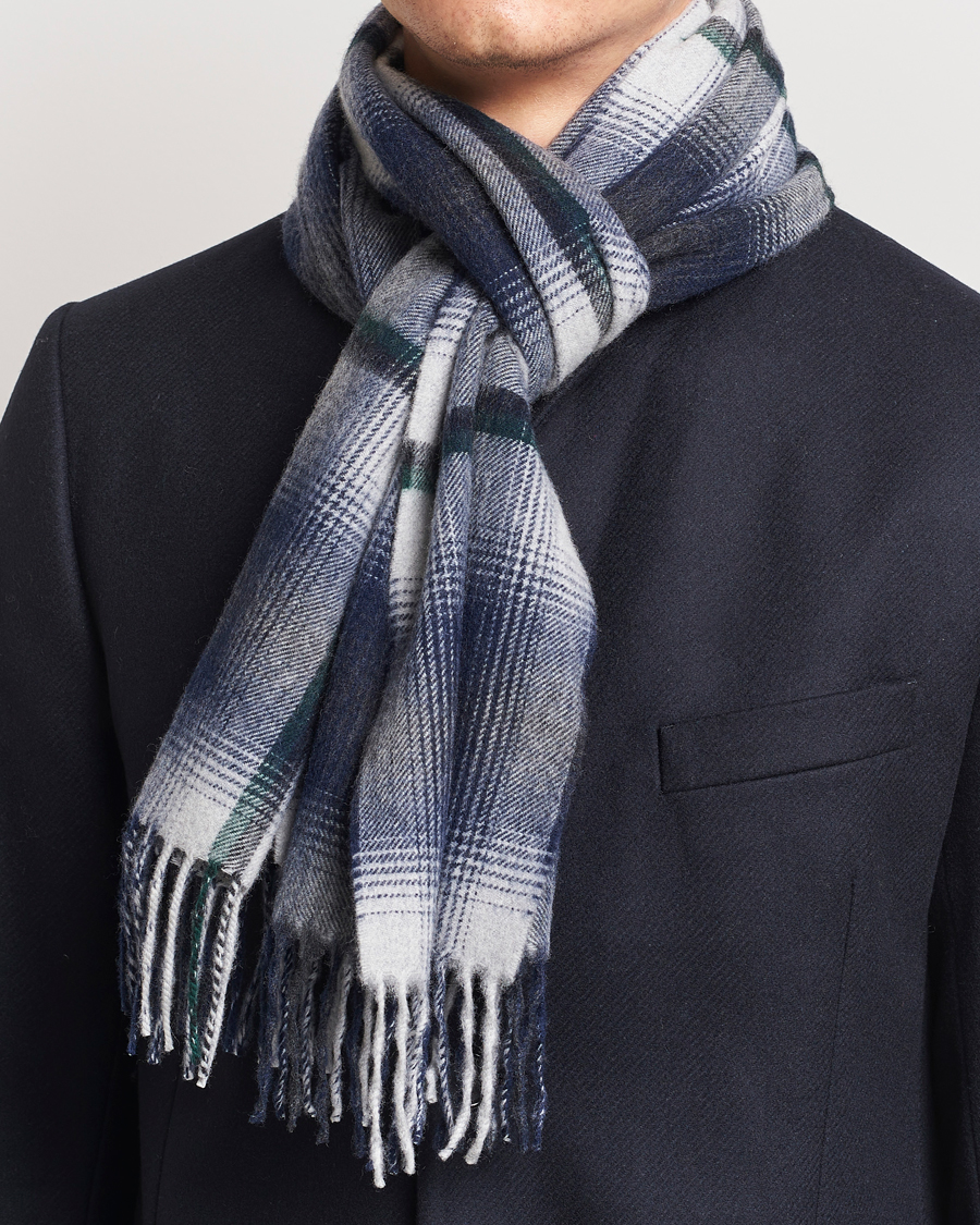 Begg & Co Wool/Cashmere Shadow Check Scarf 32*180cm Silver/Navy at
