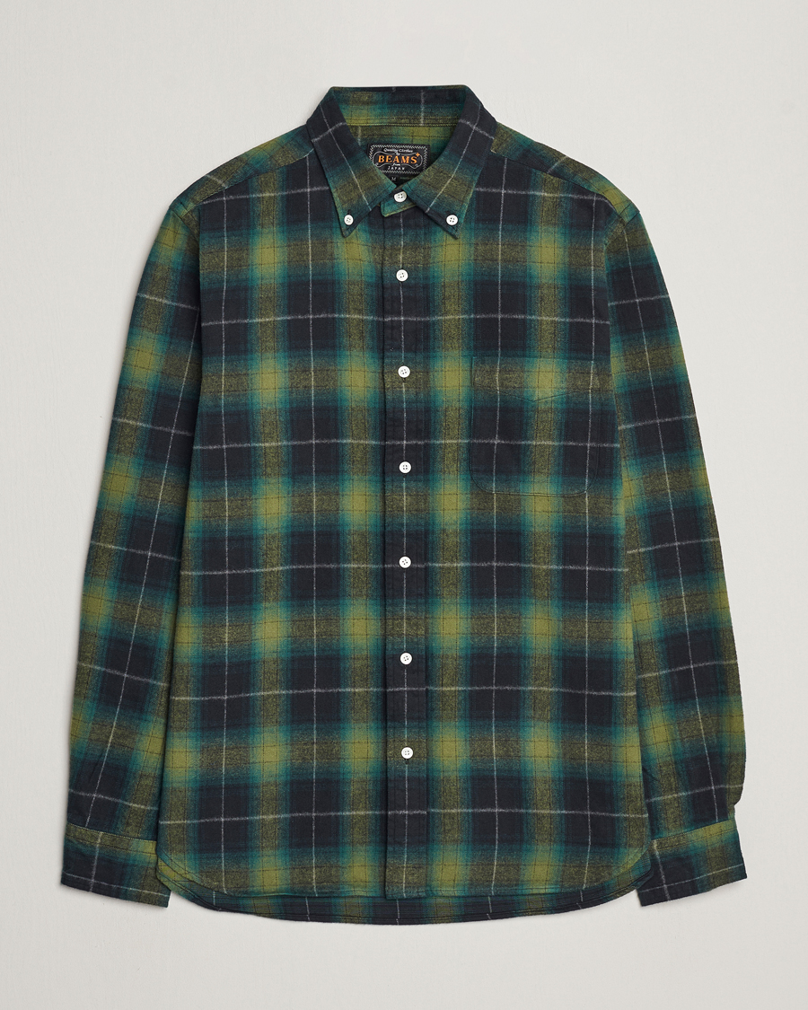 BEAMS PLUS Shaggy Flannel Button Down Shirt Green Check at