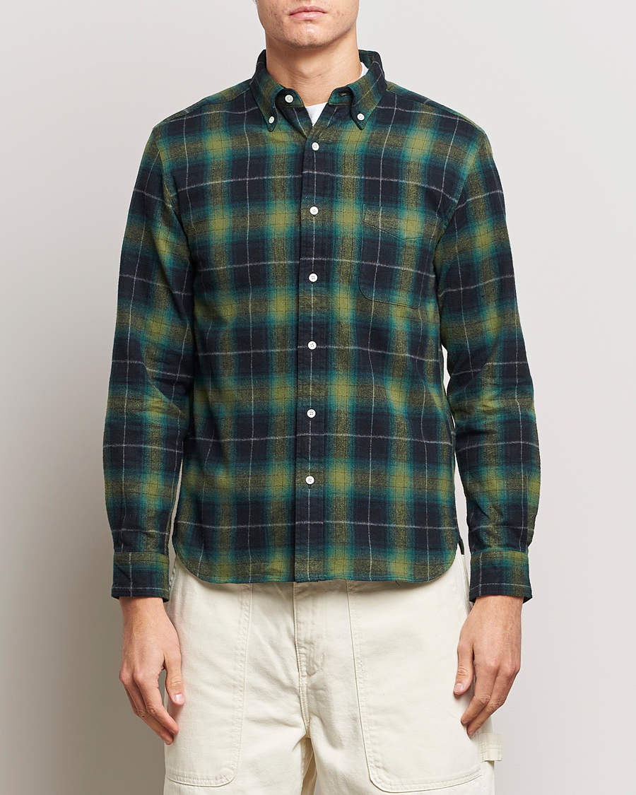 BEAMS PLUS Shaggy Flannel Button Down Shirt Green Check at CareOfCarl.com