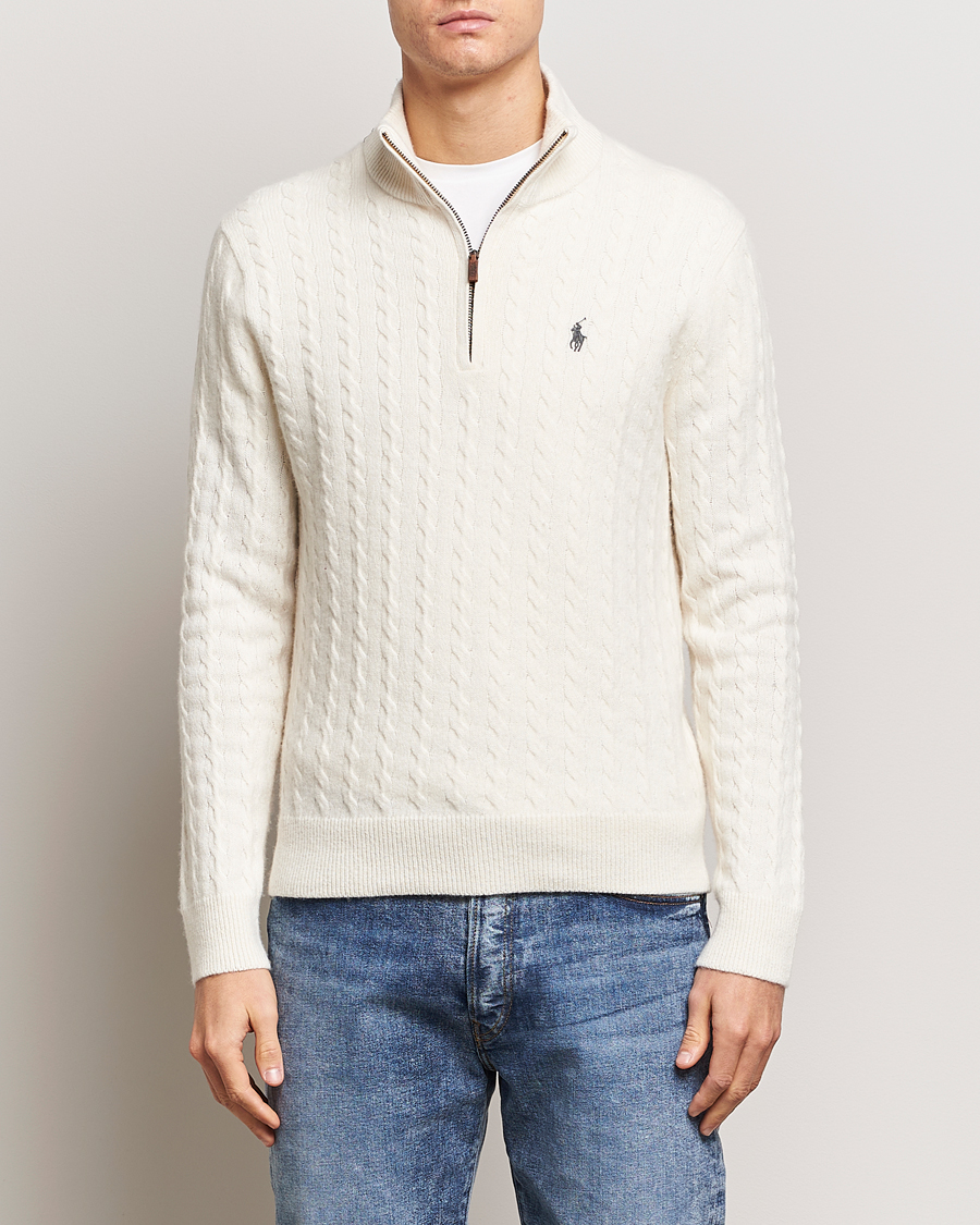 Polo ralph lauren half zip cotton knit jumper with multi player logo clearance in cream