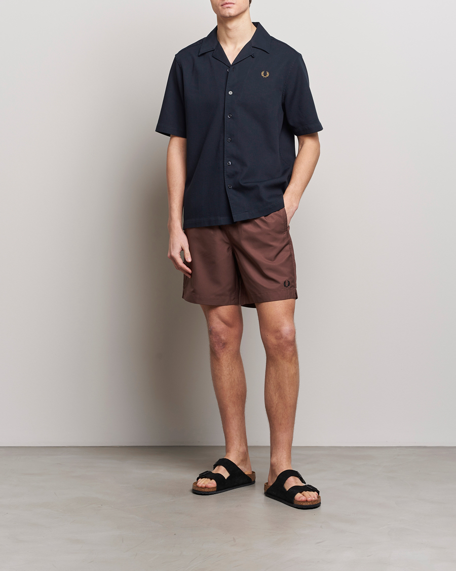 Fred Perry Pique Textured Short Sleeve Shirt Navy at CareOfCarl.com