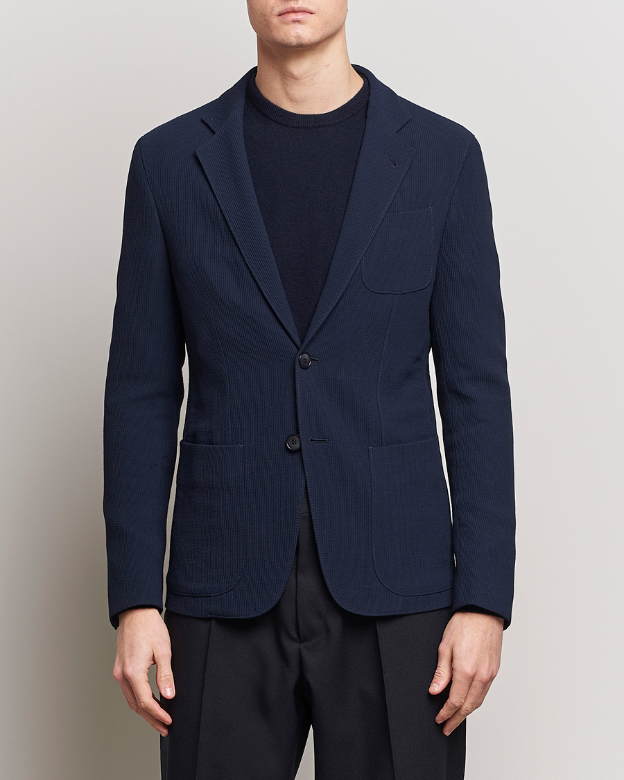 Giorgio Armani Single Breasted Rib Wool Blazer Navy at CareOfCarl