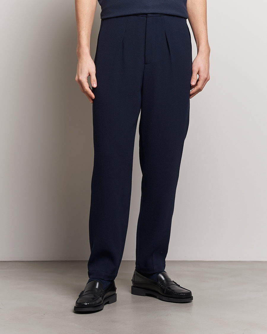 Giorgio Armani Pleated Rib Wool Trousers Navy at CareOfCarl