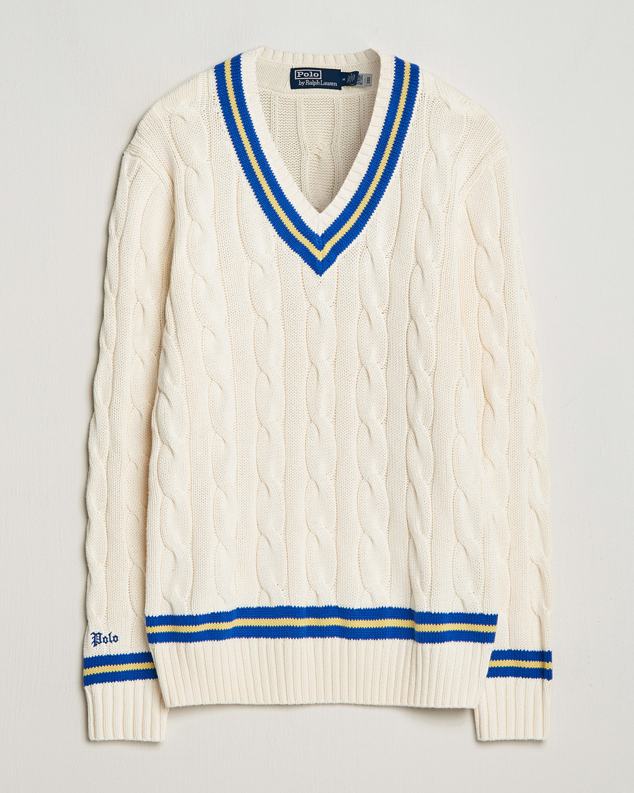 Polo Ralph Lauren Cricket Cotton V Neck Sweater Cream Navy Stripe at CareOf