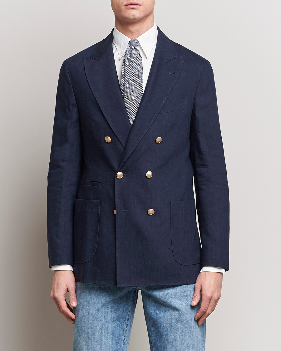 Brunello Cucinelli Double Breasted Wool Linen Blazer Navy at CareOfCarl