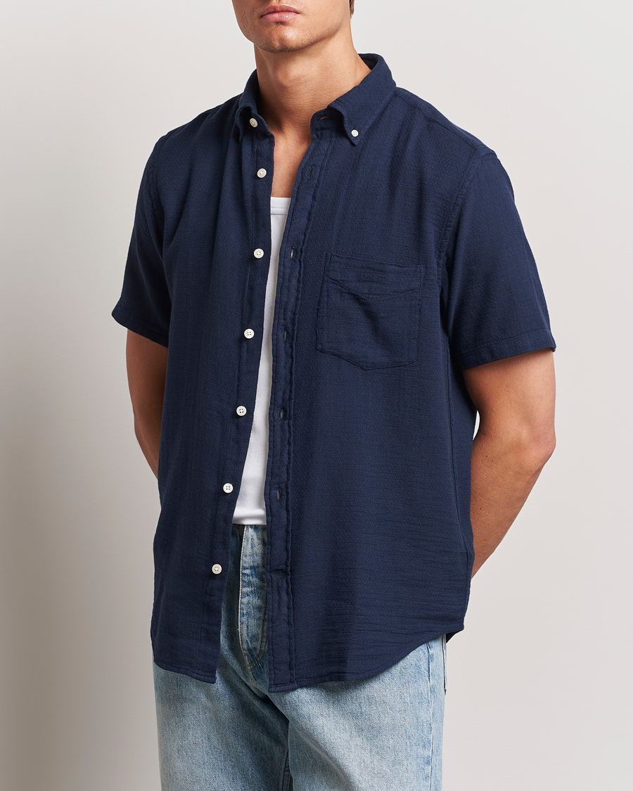 Men | GANT | GANT | Cotton/Linen Texture Short Sleeve Shirt Evening Blue