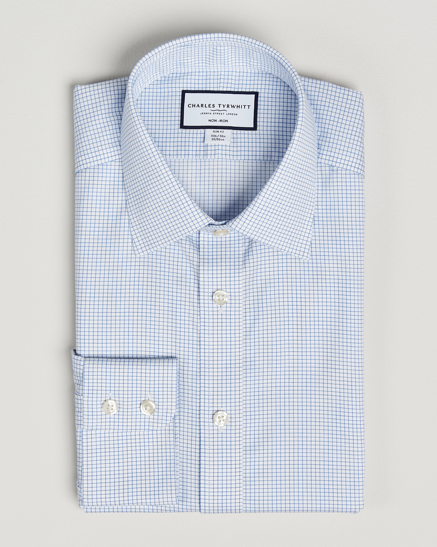 Men | Shirts | Charles Tyrwhitt | Slim Fit Non Iron Mini Grid Check Shirt Sky Blue