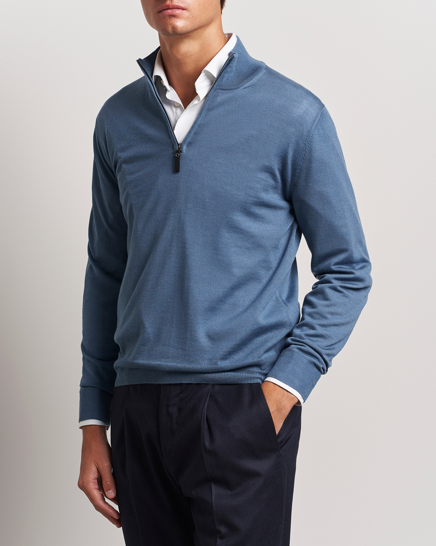 Men |  | Canali | Merino Wool Half Zip Light Blue