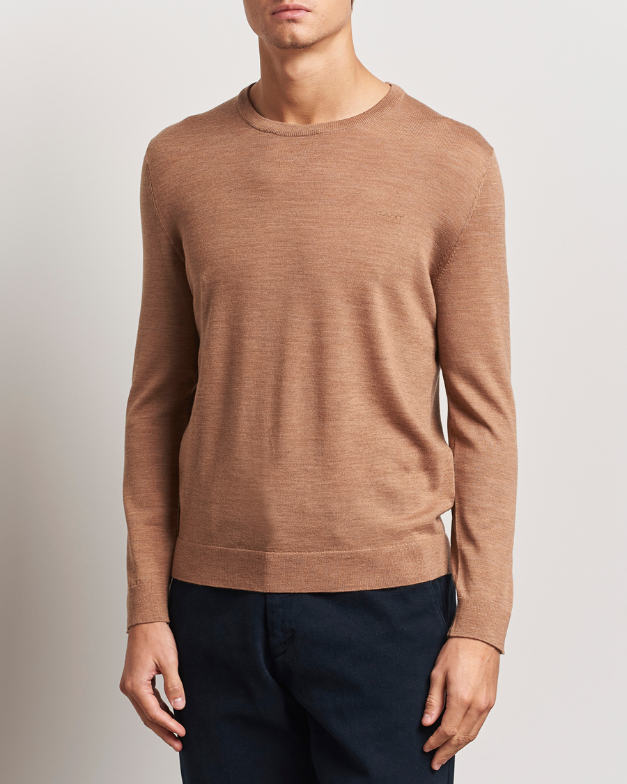 Men | GANT | GANT | Extrafine Merino Wool C-Neck Dk Sand Melange