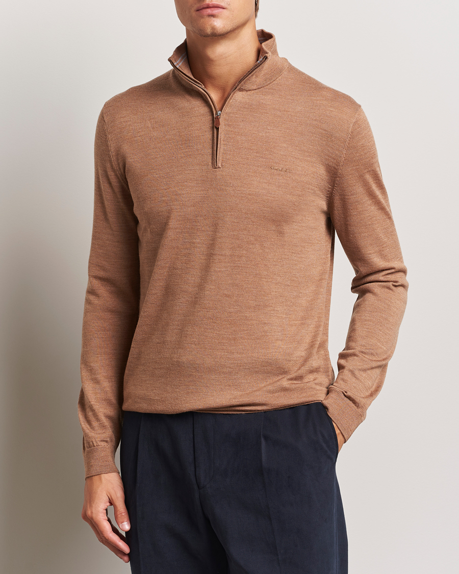 Men |  | GANT | Extrafine Merino Wool Half Zip Dk Sand Melange