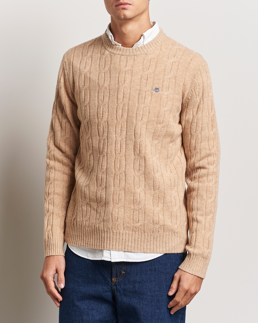 Men | GANT | GANT | Lambswool Cable C-Neck Khaki Melange