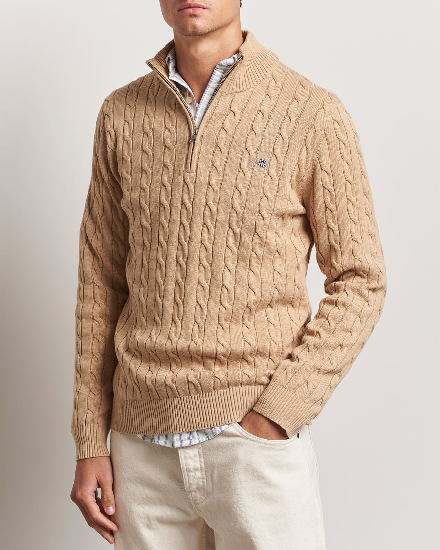 Men | GANT | GANT | Cotton Cable Half Zip Khaki Melange