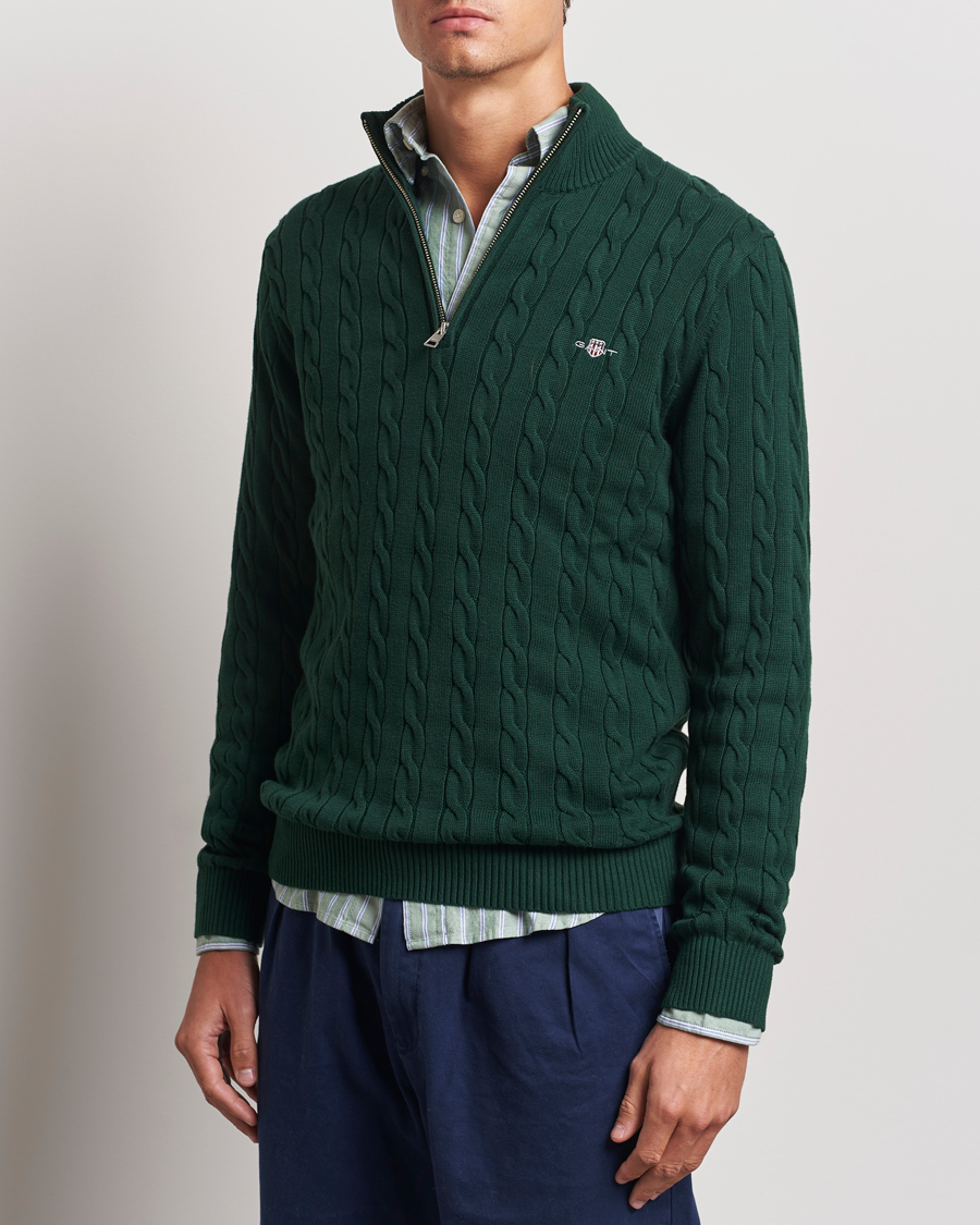 Men | GANT | GANT | Cotton Cable Half Zip Tartan Green