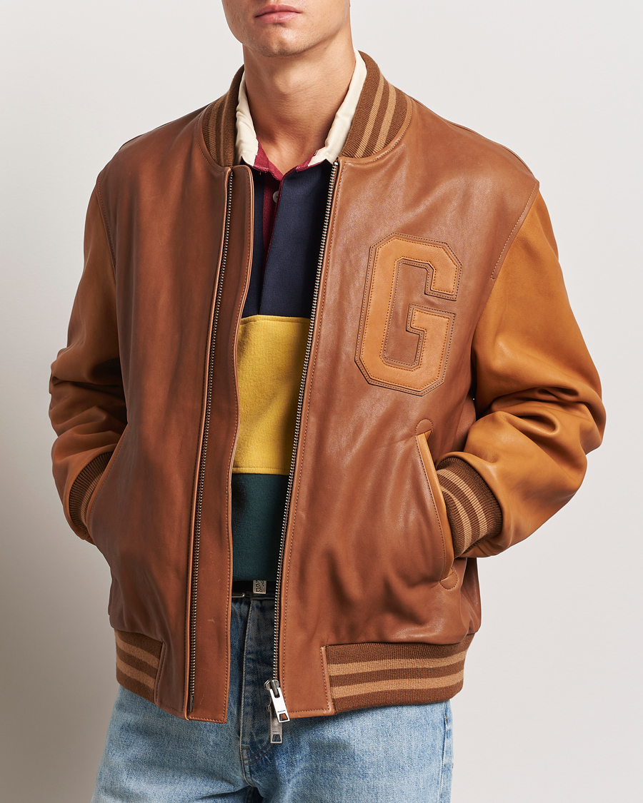 Men | GANT | GANT | Leather Varsity Jacket Brown Sugar