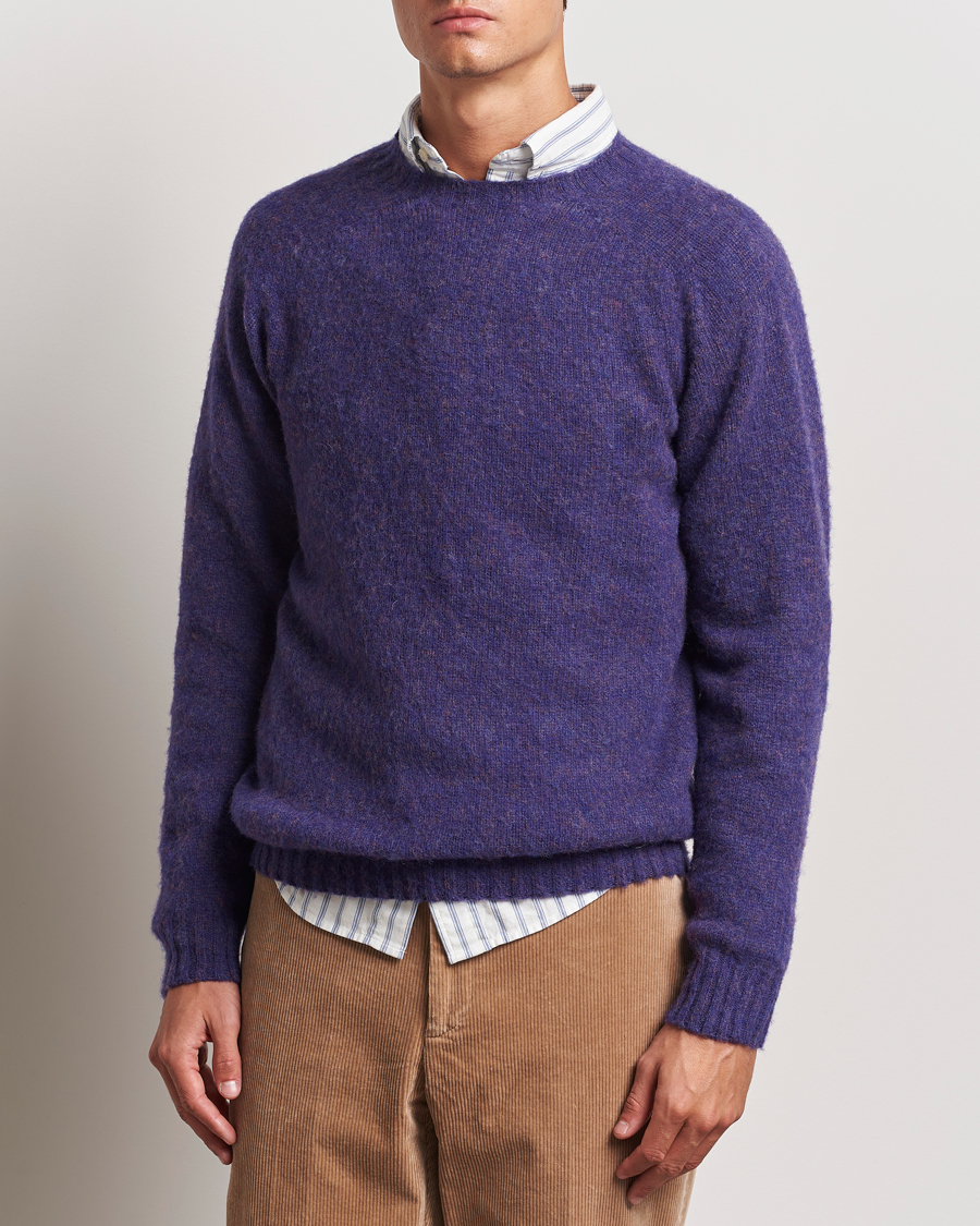 Men | Knitted Jumpers | Harley Of Scotland | Brushed Supersoft Lambswool Crewneck Royal Violet