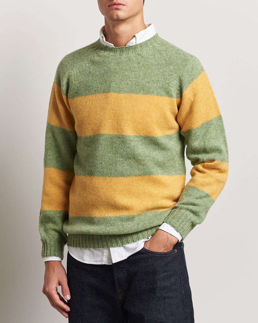 Men |  | Harley Of Scotland | Block Stripe Lambswool Crewneck Yellow/Green