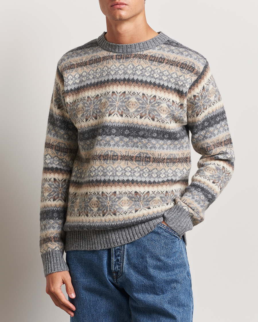 Men | Clothing | Harley Of Scotland | Supersoft Lambswool Fairisle Crewneck Grey