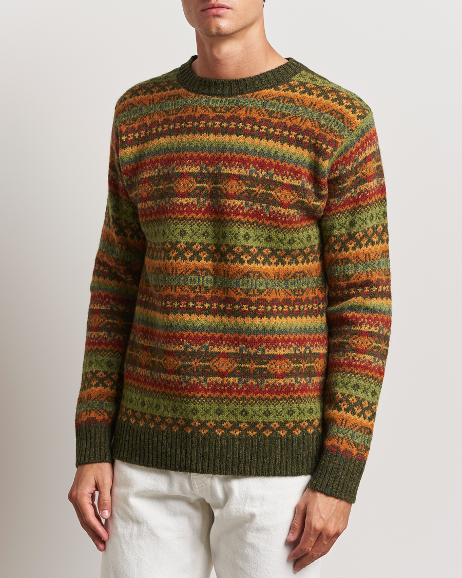 Men | Clothing | Harley Of Scotland | Supersoft Lambswool Fairisle Crewneck Green