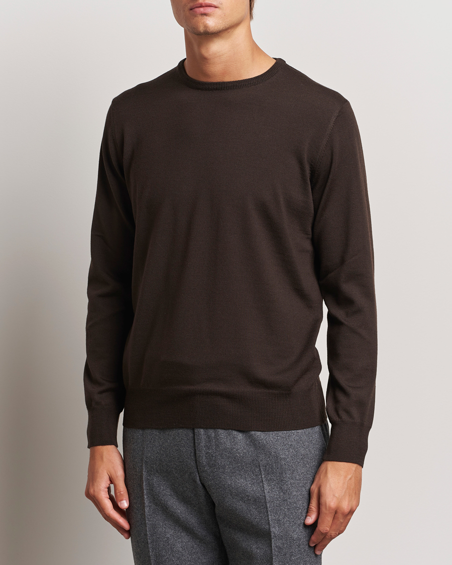 Men | Sweaters & Knitwear | Morgano | Extra Fine Merino Wool Crewneck Dark Brown