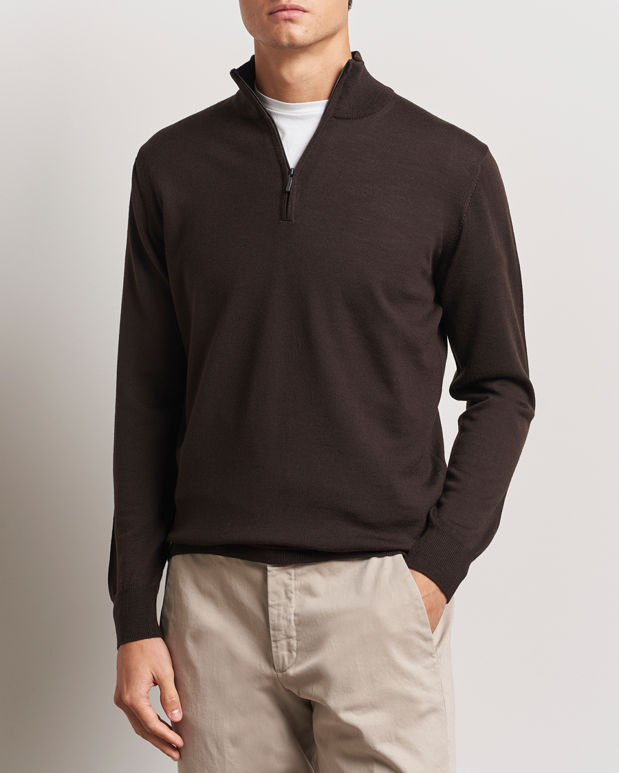 Men |  | Morgano | Extra Fine Merino Wool Half-Zip Dark Brown