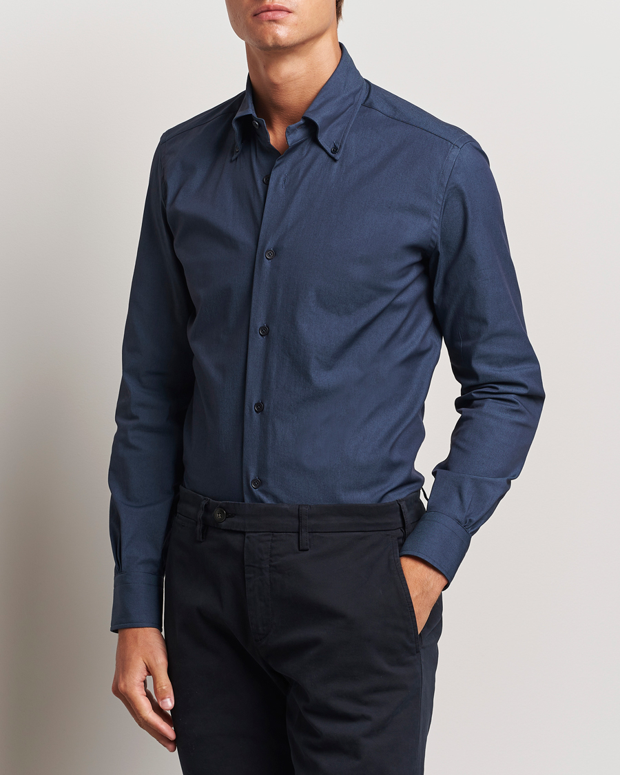 Men |  | Mazzarelli | Soft Garment Dyed Button Down Shirt Navy