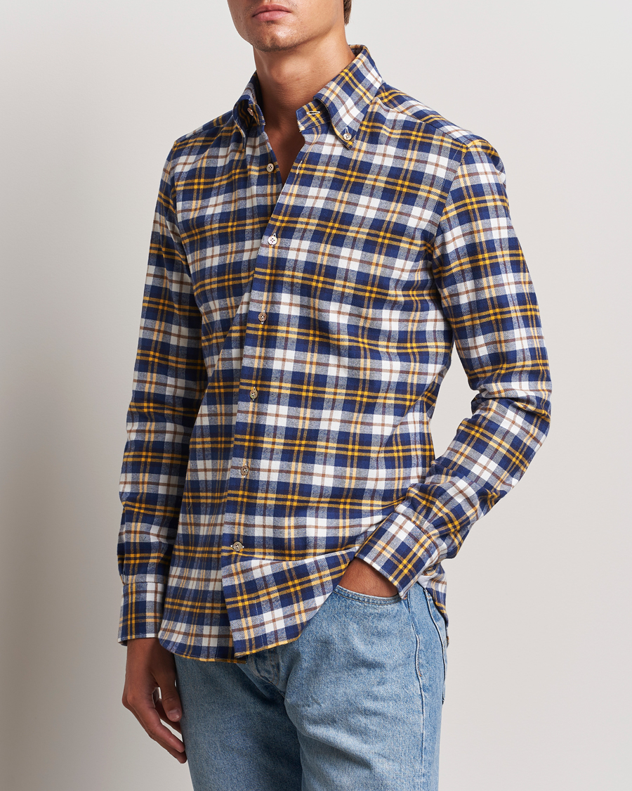 Men |  | Mazzarelli | Soft Flannel Check Button Down Shirt Blue/White