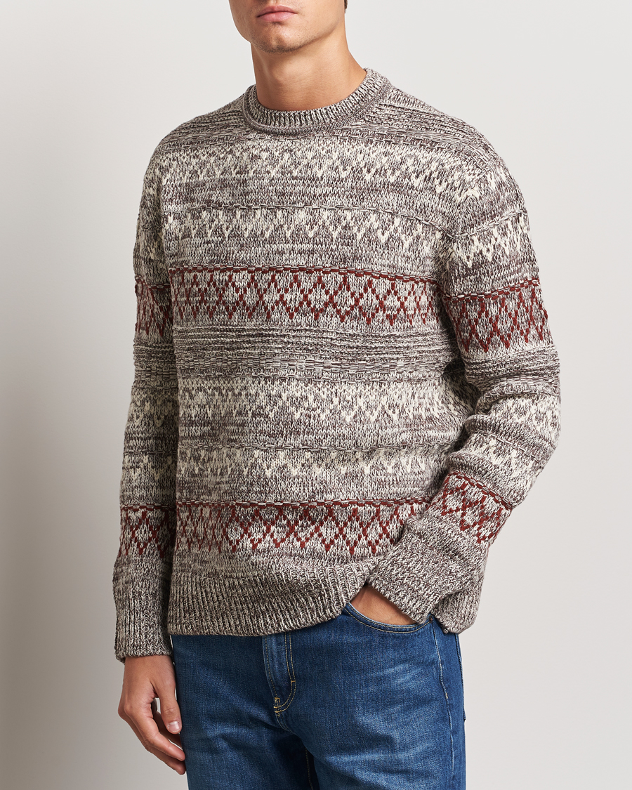 Men |  | KnowledgeCotton Apparel | Knitted Pattern Lambswool Crewneck Brown