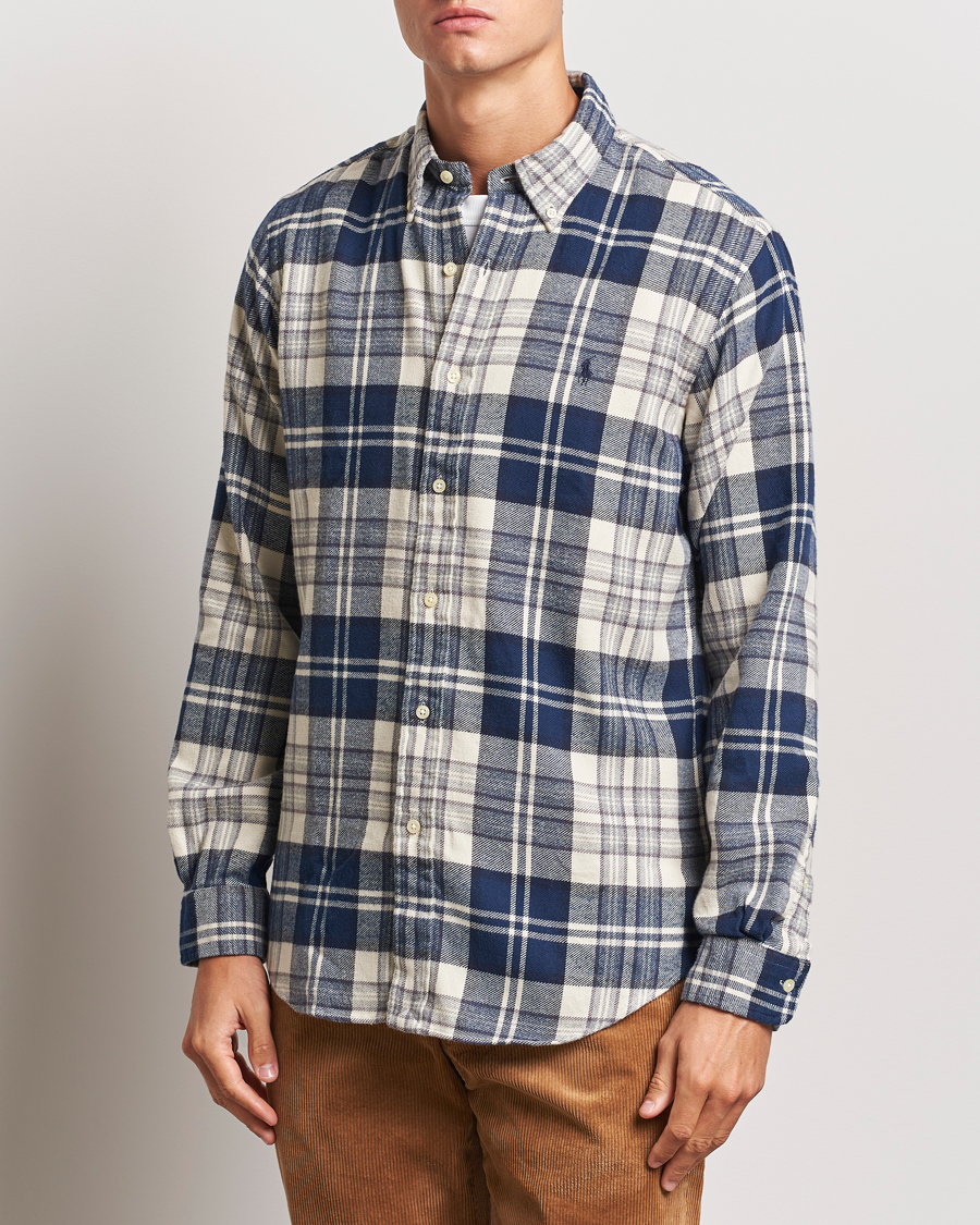 Polo Ralph Lauren Custom Fit Brushed Flannel Checked Shirt Off White/Navy a