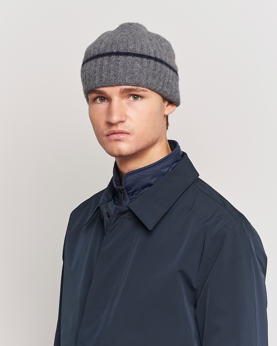 Men |  | Amanda Christensen | Rib Knitted Cashmere Paspoal Cap Grey Melange