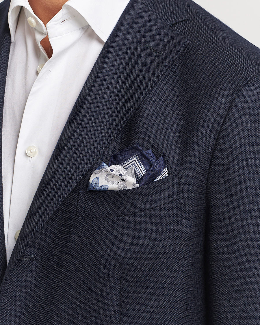 Men |  | Amanda Christensen | Silk Twill Printed Flower Pocket Square Navy