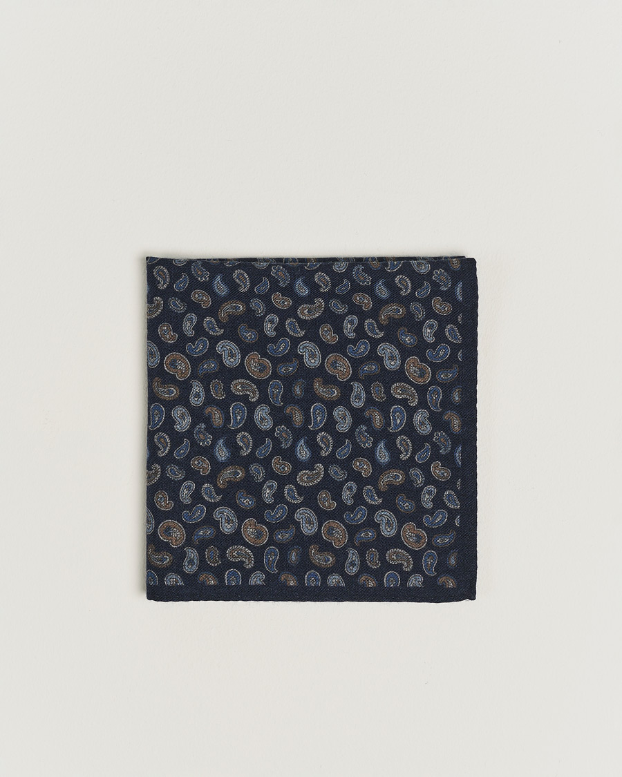 Men |  | Amanda Christensen | Wool Flannel Printed Paisley Pocket Square Navy