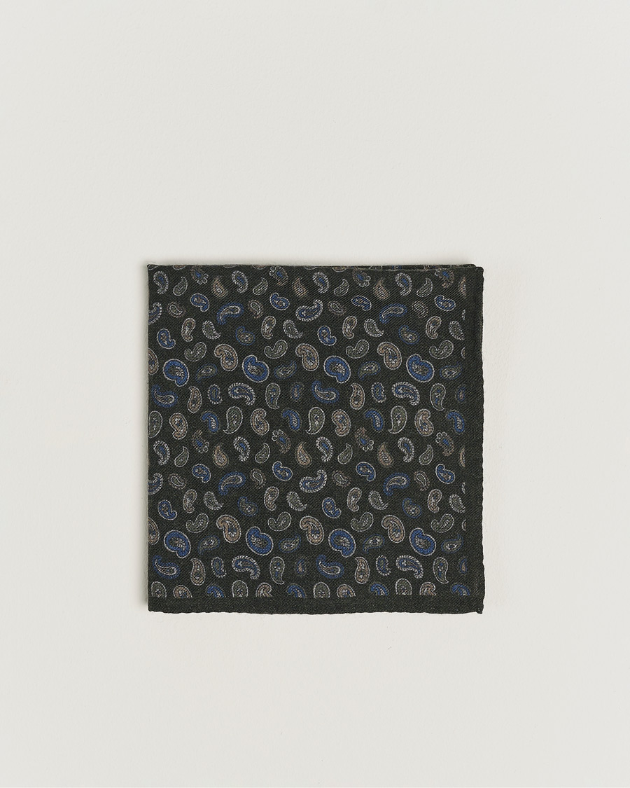 Men |  | Amanda Christensen | Wool Flannel Printed Paisley Pocket Square Dark Olive