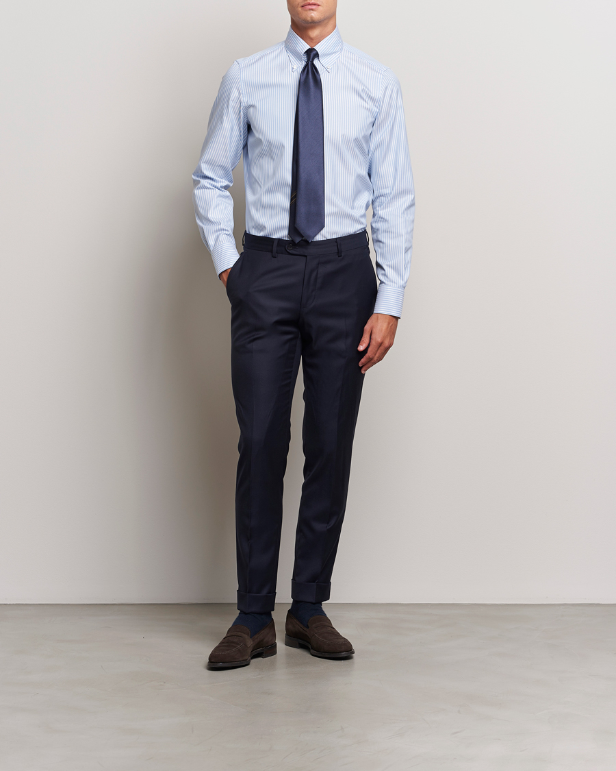 Men |  | Finamore Napoli | Milano Slim Oxford Button Down Shirt Blue Stripe