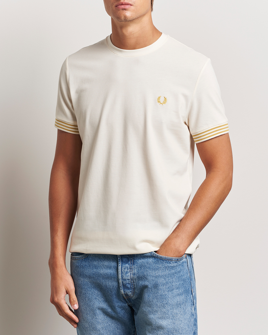 Men |  | Fred Perry | Striped Cuff Crew Neck T-Shirt Ecru