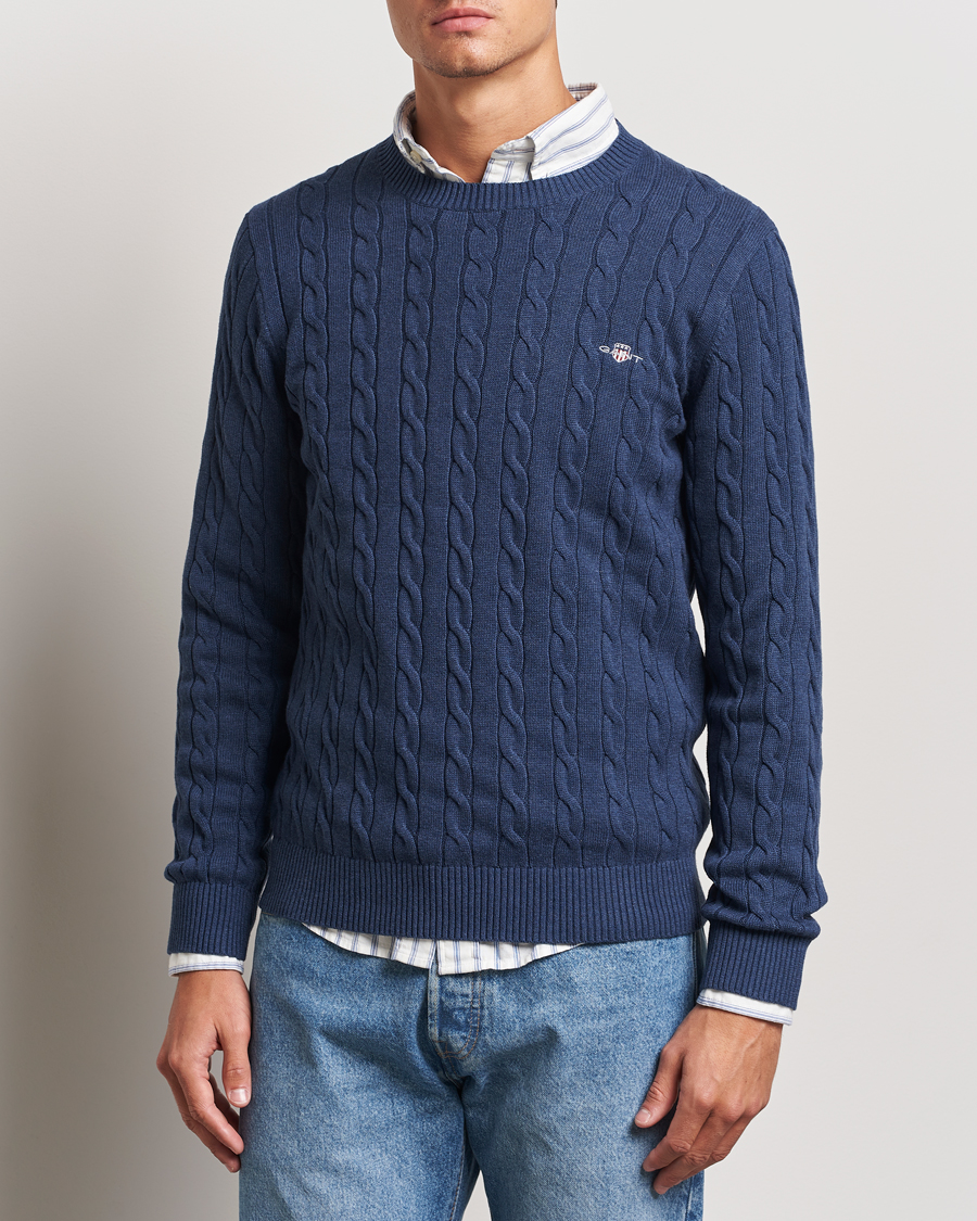 Men | GANT | GANT | Cotton Cable Crew Neck Dark Jeans Blue Melange