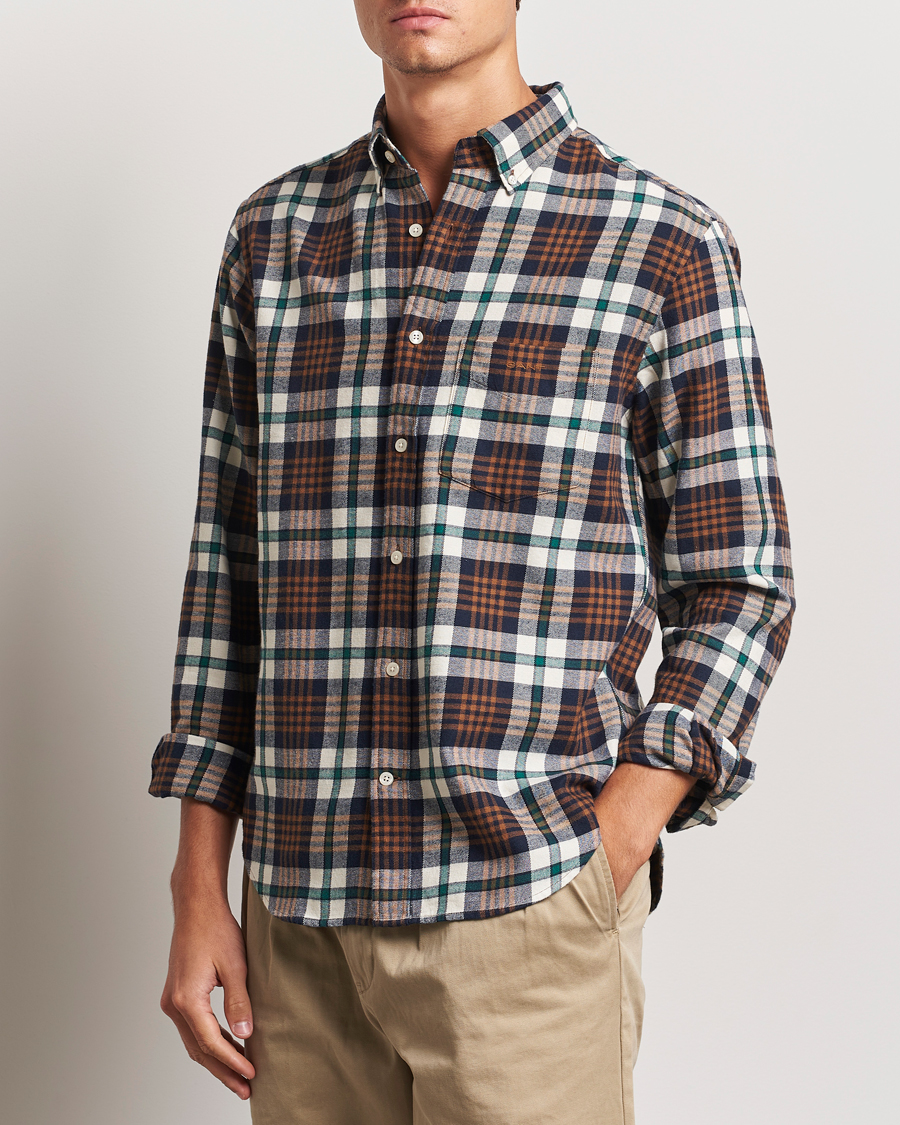 Men | GANT | GANT | Regular Flannel Plaid Shirt Cacao Brown