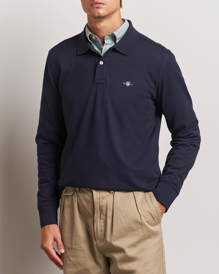 Men | Long Sleeve Polo Shirts | GANT | Regular Shield Pique Polo Evening Blue