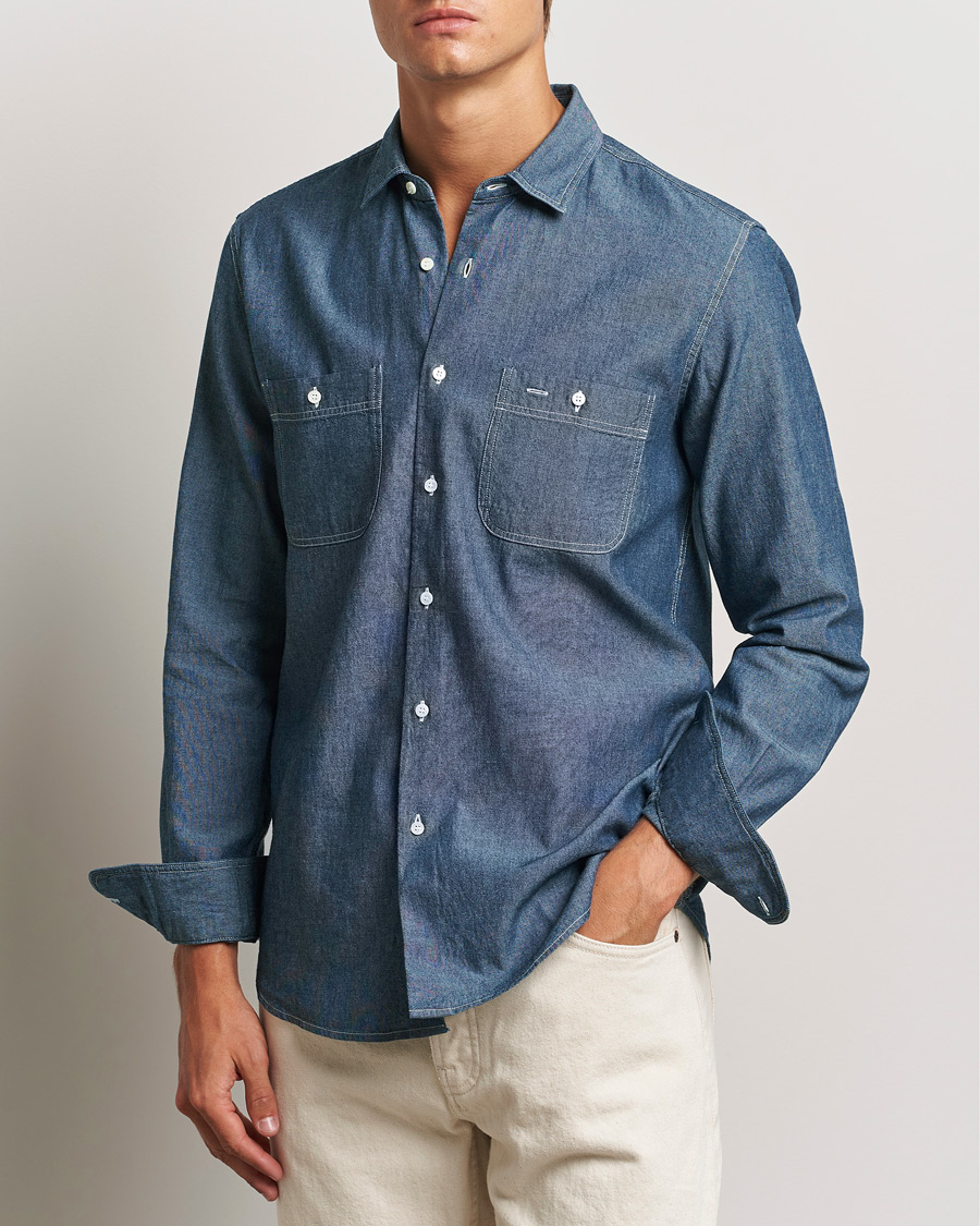 Men |  | Aspesi | Double Pocket Chambray Shirt Dark Wash