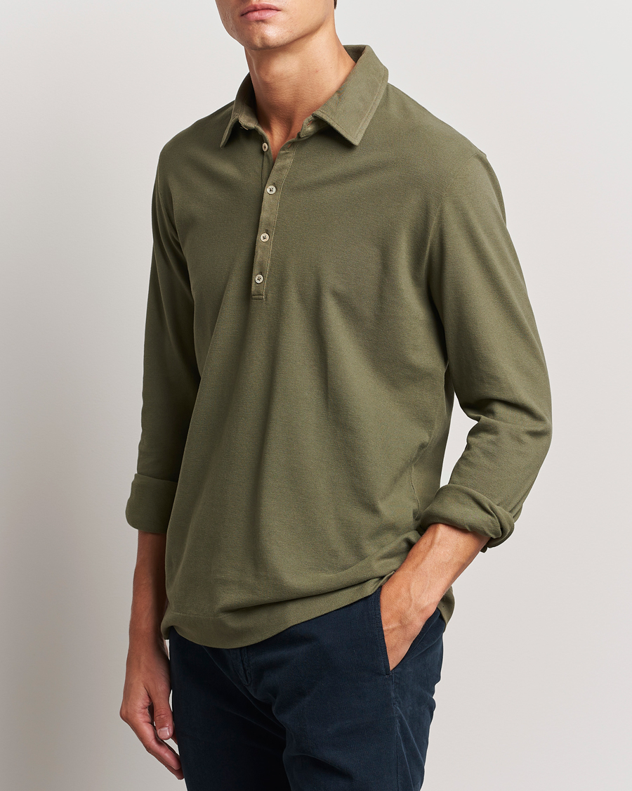 Men | Long Sleeve Polo Shirts | Massimo Alba | Ischia Cotton/Cashmere Long Sleeve Polo Military