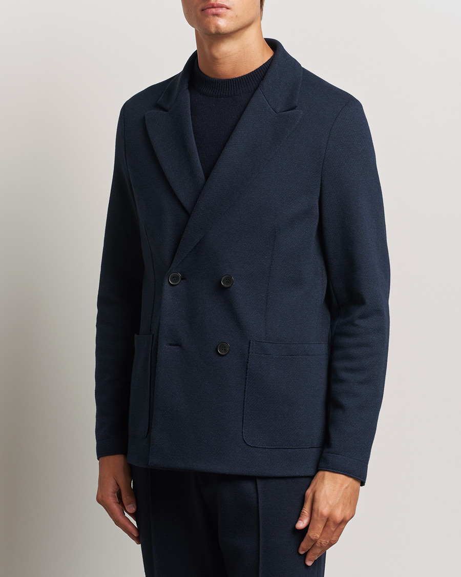 Men |  | Harris Wharf London | Double Breasted Peak Lapel Jersey Blazer Navy Twill