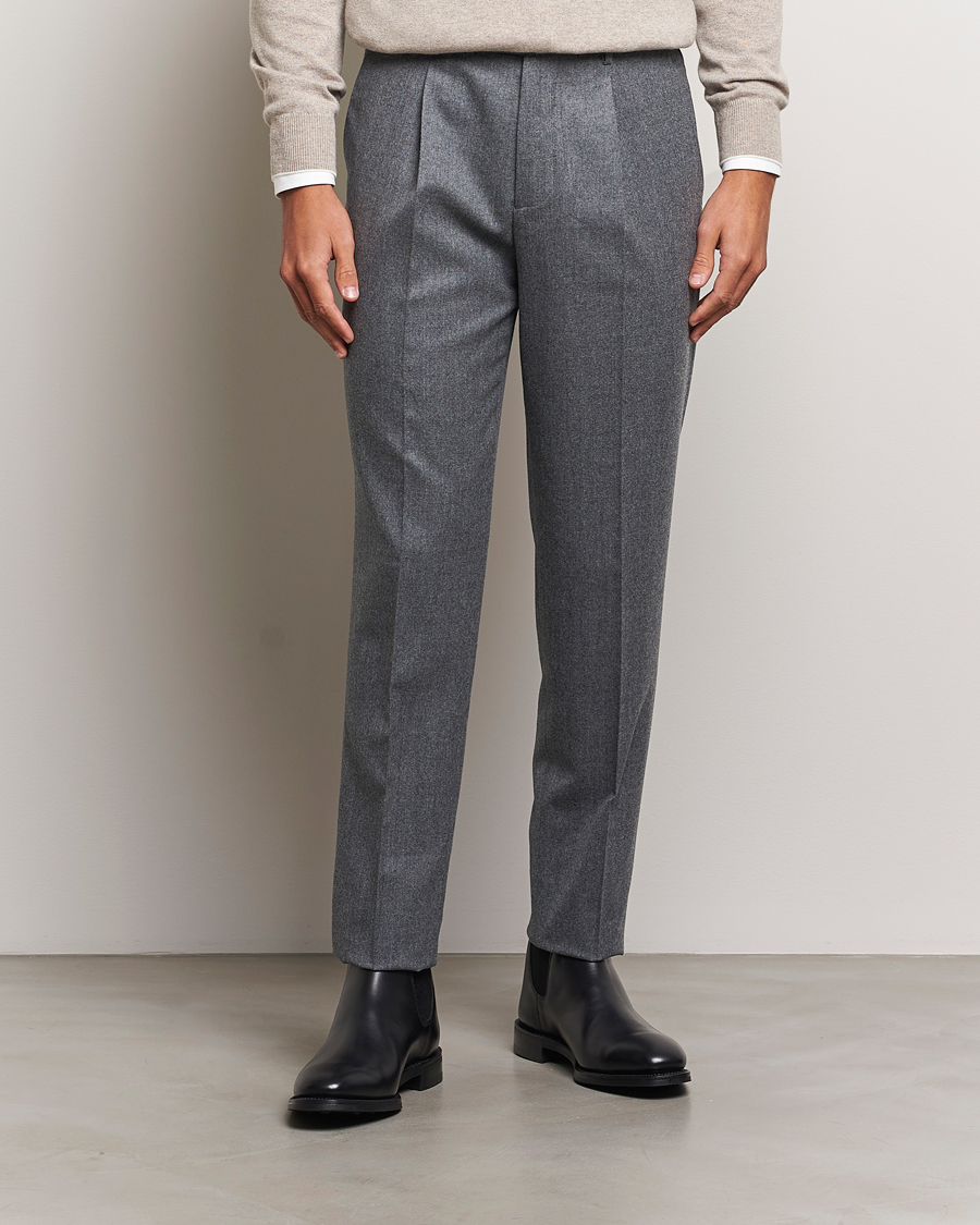 Men |  | Brunello Cucinelli | Slim Fit Pleated Flannel Trousers Grey Melange