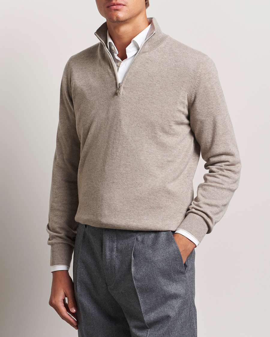 Men | Luxury Classics | Brunello Cucinelli | 2 Ply Cashmere Half Zip Beige