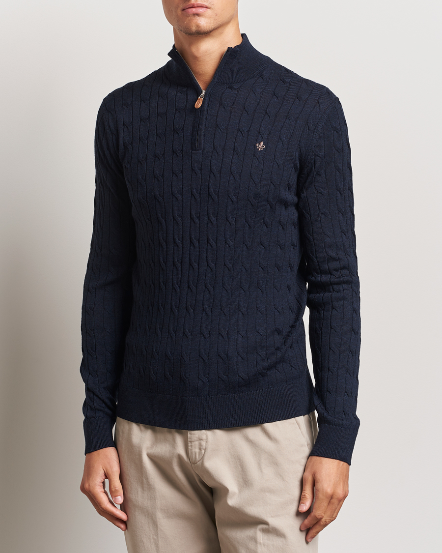 Men |  | Morris | Merino Cable Half Zip Navy