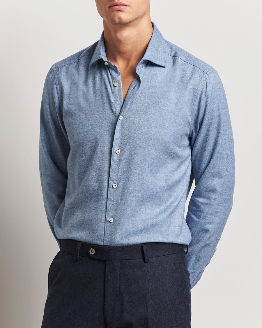 Men |  | Stenströms | Slimline Brushed Cotton/Lyocell Cut Away Shirt Blue