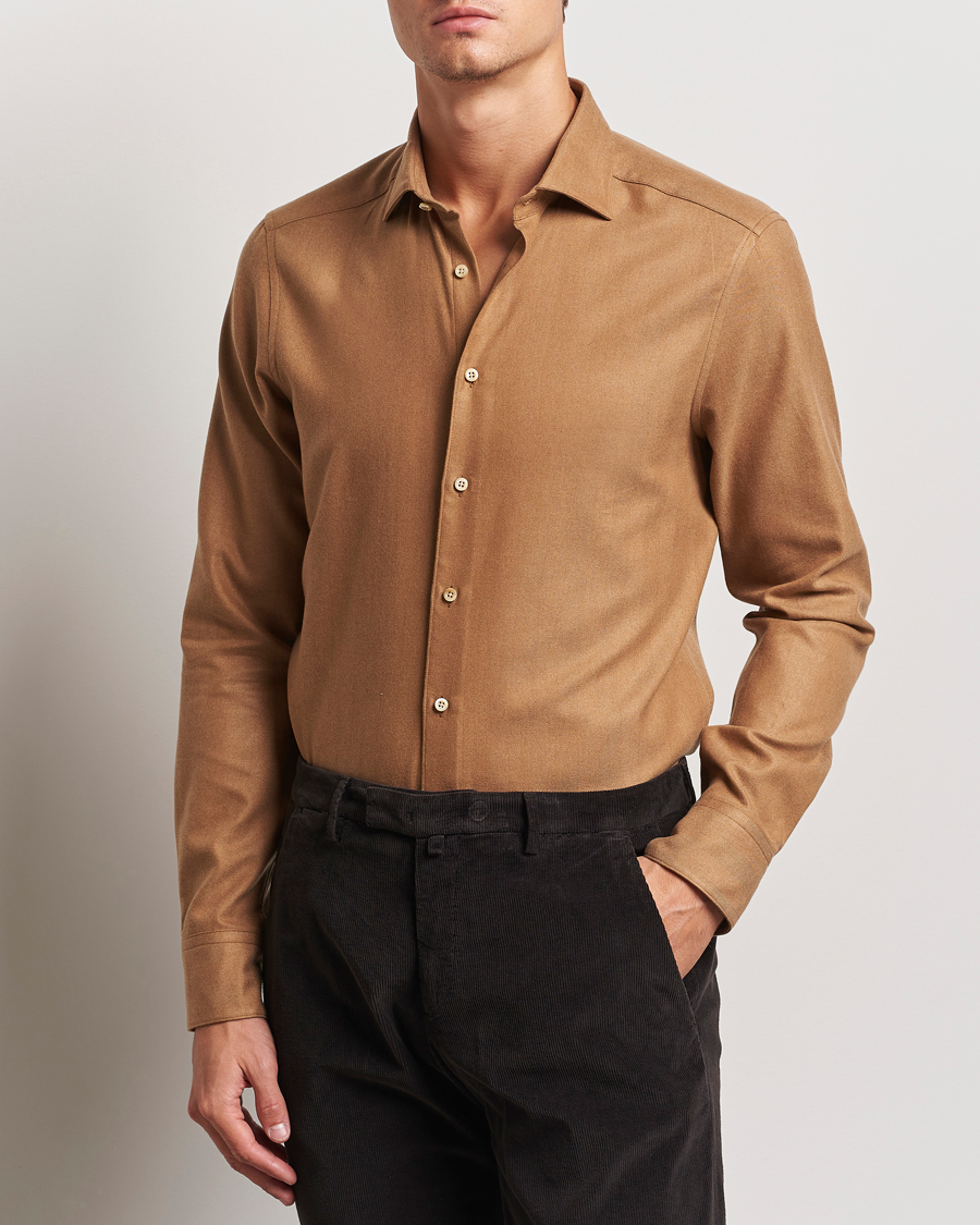 Men |  | Stenströms | Slimline Brushed Cotton/Lyocell Cut Away Shirt Brown