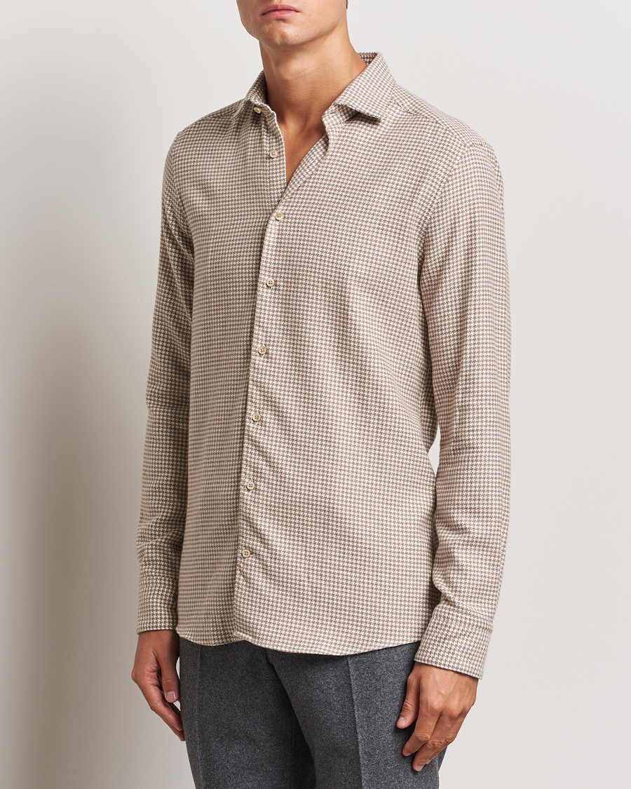 Men |  | Stenströms | Slimline Flannel Houndstooth Shirt Light Brown