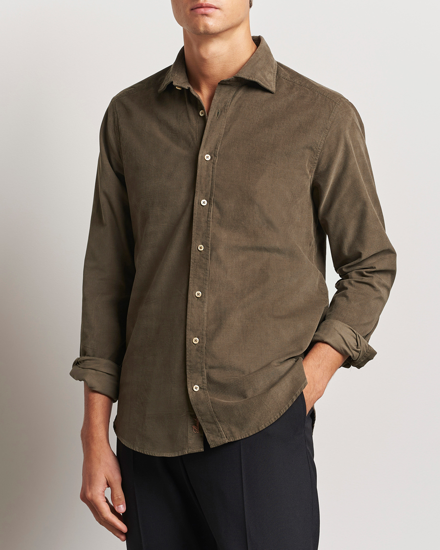 Men |  | Stenströms | Slimline Cut Away Cord Shirt Dark Green