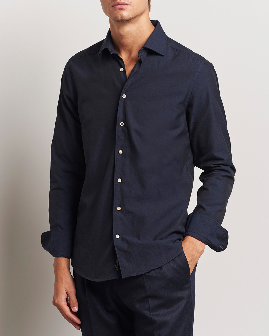 Men |  | Stenströms | Slimline Cut Away Washed Twill Shirt Navy