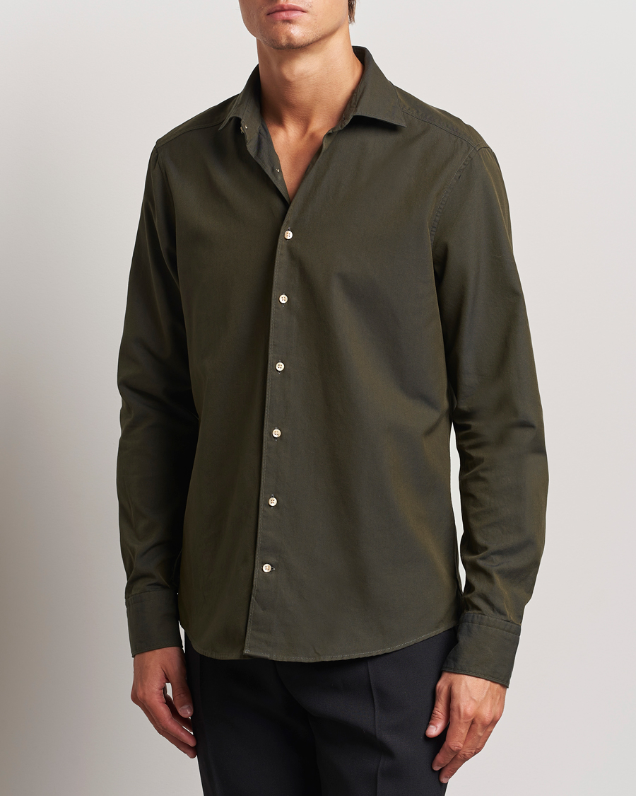 Men |  | Stenströms | Slimline Cut Away Washed Twill Shirt Dark Green